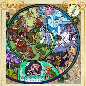 May include: A colorful cross-stitch pattern of a spiral design featuring characters from the Lord of the Rings. The pattern includes Gandalf, Frodo, Gollum, and other characters. The pattern is 330 stitches wide by 335 stitches high and uses 126 DMC colors, including 110 solid and 16 blended colors. The pattern is available in three sizes: 600 mm x 610 mm on 14 count Aida fabric, 530 mm x 530 mm on 16 count Aida fabric, and 465 mm x 475 mm on 18 count Aida fabric.