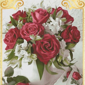 Ochtendrozen Victoriaanse bloemen Boeket van vaas Stilleven van rozen Wilde rozen Pioenrozen - Grafiek Geteld Kruissteekpatroon Handwerk PDF