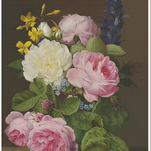 Victoriaanse bloemen Boeket van vaas Stilleven van rozen Wilde rozen Pioenrozen - Grafiek Geteld Kruissteekpatroon Handwerk PDF