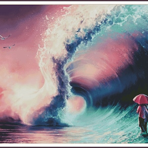 May include: A person stands on a beach with a red umbrella, looking out at a large, swirling wave with pink and blue hues. The sky is a vibrant pink and orange.