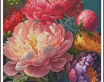 Garden Delights Peonies in a Vase Wild Roses Peonies Rose Flowers - Chart Counted Cross Stitch Pattern Needlework PDF