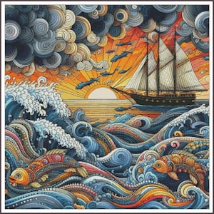 May include: A colorful illustration of a sailboat sailing on a wavy ocean with a sunset in the background. The ocean is filled with swirling patterns and fish. The sky is filled with clouds and fish.