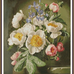 Wilde pioenrozen rozenbloemen - tabel geteld kruissteekpatroon handwerken pdf