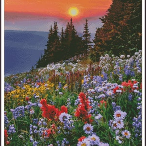 May include: A vibrant sunset over a mountain range with a field of wildflowers in the foreground. The flowers are a mix of red, yellow, blue, and purple.