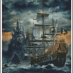 May include: A dark, stormy seascape with a large, wooden pirate ship sailing towards a rocky island with a castle on top. The sky is filled with dark clouds and lightning strikes. The ship has a black flag with a skull and crossbones.