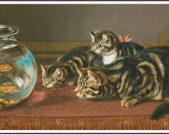 Cats By Fishbowl Cross Stitch Pattern: Forest Animals Needlework (PDF)