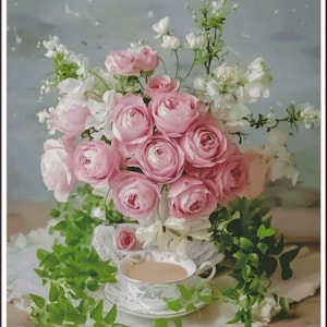 Ochtendrozen Victoriaanse bloemen Vaasboeket Stilleven van rozen Wilde rozen Pioenrozen - tabel geteld kruissteekpatroon handwerken pdf