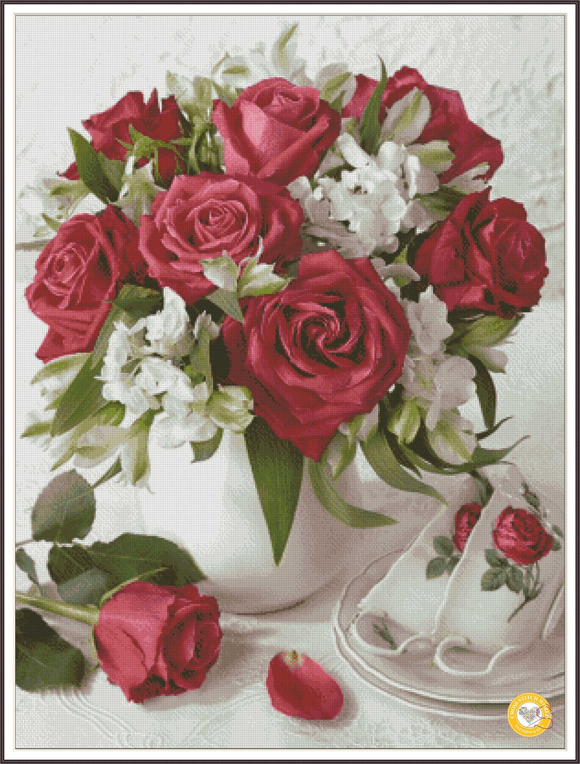 Roses Bouquet Cross Stitch Pattern: Victorian Floral Still Life
