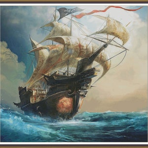 May include: A large, black pirate ship with white sails, a skull and crossbones flag, and a red pennant sails on a blue ocean with white clouds in the sky.