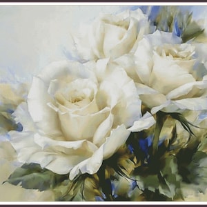 Witte rozen Morning Glory in een vaas Stilleven van rozen Wilde rozen Pioenrozen Rozenbloemen - tabel geteld kruissteekpatroon handwerken pdf