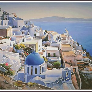 May include: A painting of a whitewashed village on a cliff overlooking a blue sea. The village has many buildings with blue domed roofs, including a church with a bell tower. The scene is painted in a realistic style with a focus on the details of the architecture.