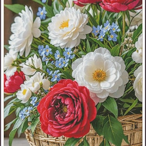 Bloemenmand Garden Delights pioenrozen in een vaas wilde rozen pioenrozen rozenbloemen - tabel geteld kruissteekpatroon handwerken pdf