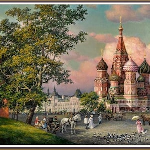 May include: A painting depicting a view of St Basil's Cathedral in Moscow, Russia. The cathedral is a vibrant red and white with onion-shaped domes. The painting features a lush green park in the foreground with people walking and a horse-drawn carriage.