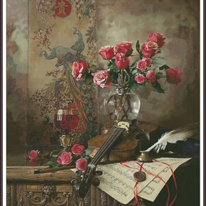 Stilleven met viool en bloemen Wilde pioenrozen Roze bloemen - Grafiek geteld Cross Stitch Patroon Handwerk PDF
