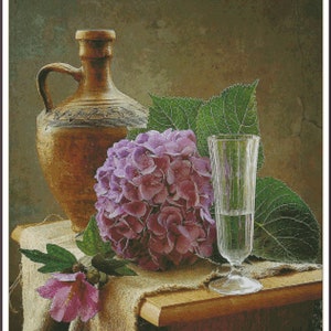 Paarse hortensia's tulpen bloemen stilleven van rozen wilde rozen pioenrozen rozenbloemen - tabel geteld kruissteekpatroon handwerken pdf