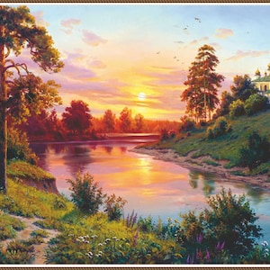River's Edge Golden Autumn - Chart Counted Cross Stitch Pattern Needlework PDF