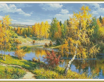 Könnte beinhalten: Ein Gemälde, das eine Flussszene mit einem strahlend blauen Himmel und flauschigen weißen Wolken zeigt. Der Fluss ist von Bäumen mit gelben, orangefarbenen und grünen Blättern umgeben. Die Bäume spiegeln sich im Wasser. Ein Weg führt durch die Bäume.