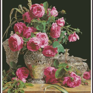 ROZEN Boeket bloemenvaas Stilleven van rozen Wilde rozen Pioenen Roze bloemen - Grafiek Geteld Kruissteekpatroon Handwerk PDF