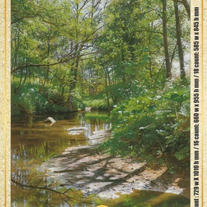 May include: A cross stitch pattern of a forest scene with a stream running through it. The pattern is 415 stitches wide by 600 stitches high and uses 125 DMC colors. The pattern is available on the website BlackSwanStitch.com.