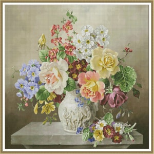 Ochtendglorie in een vaas Stilleven van rozen Wilde rozen Pioenen Roze bloemen - Grafiek Geteld Kruissteekpatroon Handwerk PDF