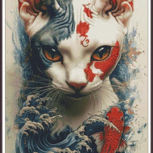 Ägyptische Katze mit Koi Fisch Kitty im japanischen Garten FLAUSCHIGE KATZE Tigerjunges Wildkatze - Kreuzstich Anleitung PDF