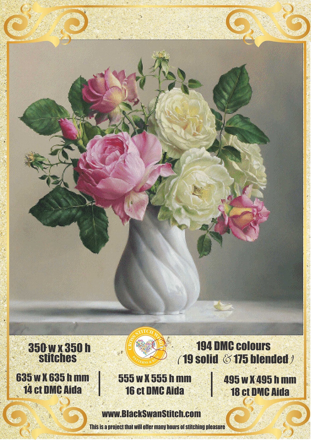 Roses in Twisted Vase Rose Flowers - Chart Counted Cross Stitch Pattern ...