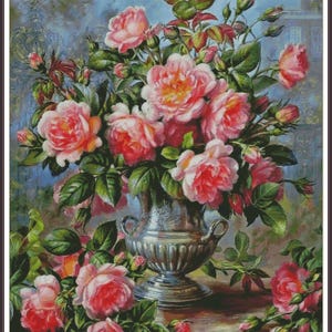Junibloemen in glans Victoriaanse bloemen Vaasboeket Stilleven pioenrozen - tabel geteld kruissteekpatroon handwerken pdf