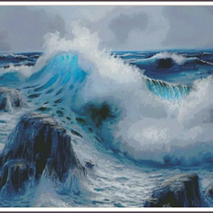 May include: A large wave crashes against rocky outcroppings in a stormy sea. The wave is a vibrant blue and white, with a foamy crest. The rocks are dark and jagged, and the water is a deep blue.