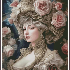 Pink Rococo Princess Beauty Behind the Mask Fantasy - Chart Counted Cross Stitch Pattern Needlework PDF