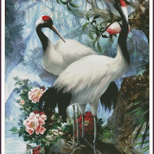 Wunderschöne Kraniche Wanderfalke SNOWBIRDS Meisen in Birken Baum Vögel - Kreuzstich Anleitung PDF