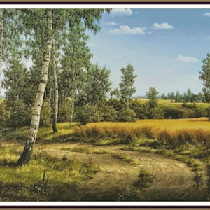 May include: A dirt road winds through a field of golden wheat, with a stand of birch trees on the left and a blue sky with white clouds above.