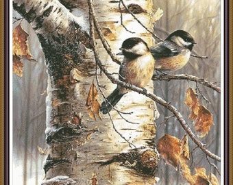 Chickadees in Birch Tree Birds - Chart Counted Cross Stitch Pattern Needlework PDF