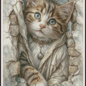 May include: A detailed painting of a tabby kitten with striking blue eyes, peeking through a broken stone wall. The kitten wears a draped garment and a decorative collar with a pendant. The artwork has a soft, realistic style.