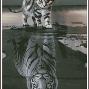 Op de afbeelding: Een klein tabby-kittens staat op een nat oppervlak en kijkt naar zijn reflectie. De reflectie lijkt op een grote, witte tijger.