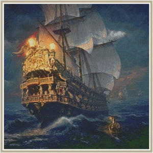 Fluch der Karibik Geisterschiff Sea Shanty Schiff Wild Ocean Sea Storm Chart Kreuzstichmuster Handarbeiten PDF