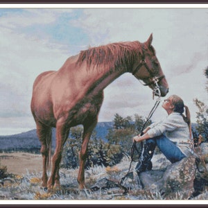 May include: A brown horse with a leather halter looks at a woman sitting on a rock. The woman is wearing a white sweater and blue jeans. The scene is set in a field with trees and a cloudy sky.