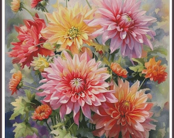 Bouquet Of Dahlia Sunlight Dance Garden In Holland Tulips Flowers Still life of Roses - Chart Counted Cross Stitch Pattern Needlework PDF