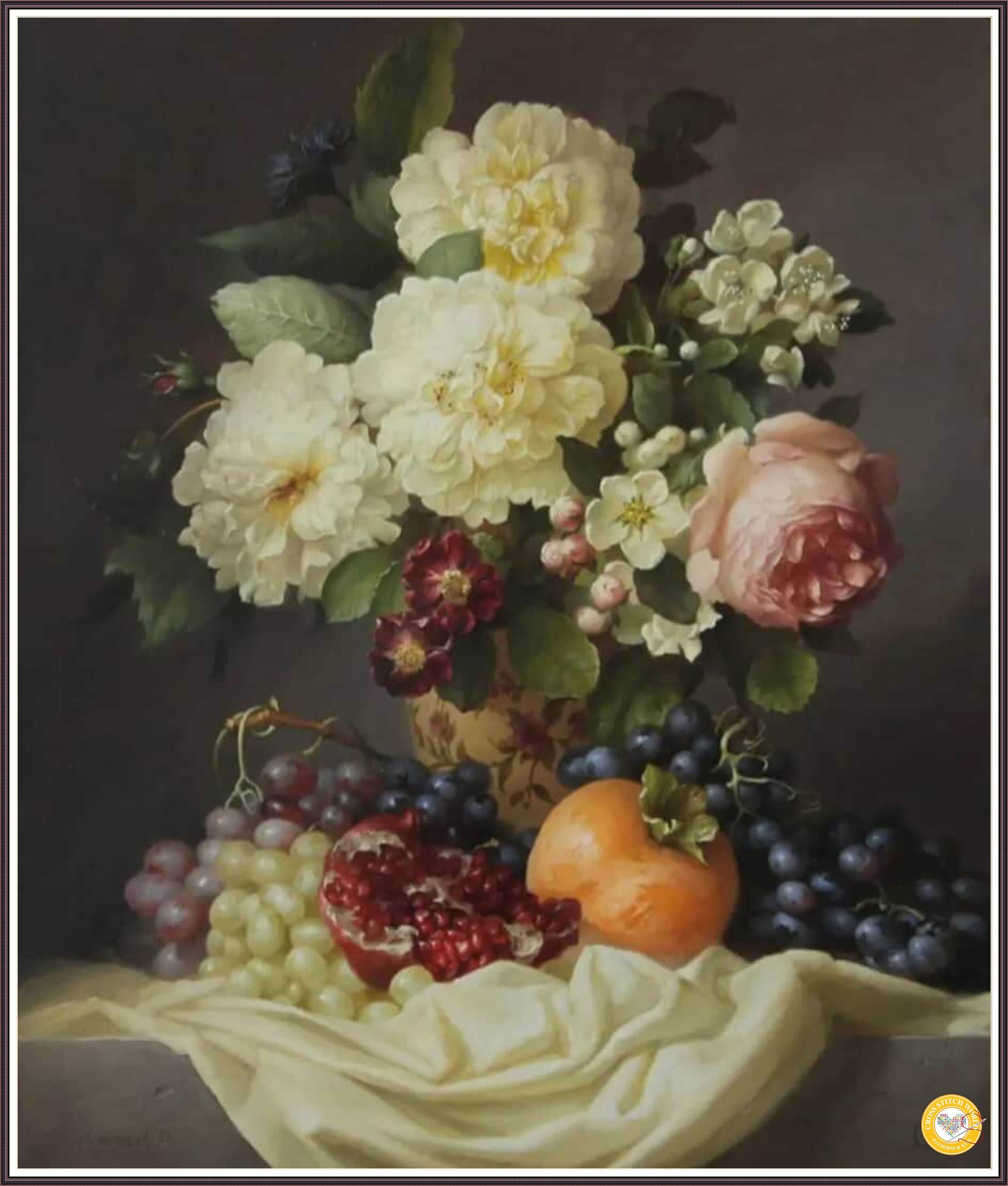 バラと柿のクロスステッチパターン：静物画の刺繍（PDF） - Etsy 日本