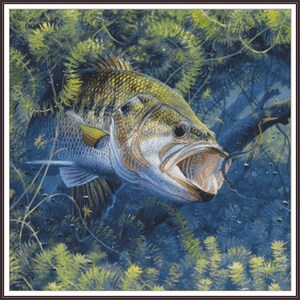 Bass Fishing Baited Fish COLORFUL FISHES - Chart Counted Cross Stitch Pattern Needlework PDF