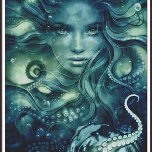 May include: A digital painting of a woman with long blue hair and a green and blue octopus tentacle. The woman's eyes are open and she is looking directly at the viewer. The background is a swirling blue and green colour.