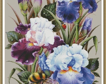 Purple Iris  Bee bumblebee Butterfly Flowers - Chart Counted Cross Stitch Pattern Needlework PDF