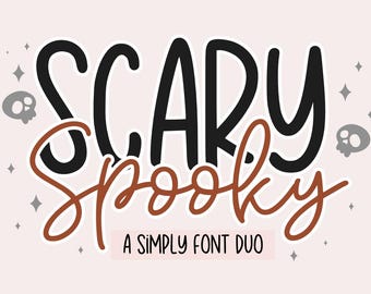 Puede incluir: Un dúo de fuentes en negro y marrón llamado "Scary Spooky" con el lema "A Simply Font Duo".