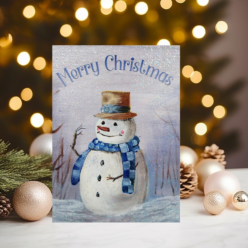 Christmas Snowman Personalised Glossy A5 Greetings Card - any name(s) printed on the front image 1
