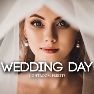 May include: A bride-to-be looks through a white veil, with the text "Wedding Day | Lightroom Presets" below her.