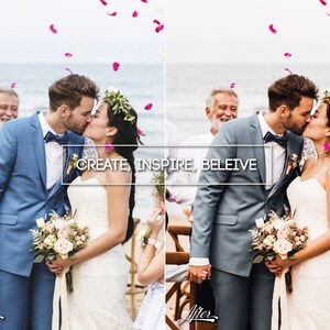 May include: A couple kisses during their wedding ceremony on a beach. The bride is wearing a white strapless wedding dress and a floral crown. The groom is wearing a blue suit and a bow tie. Rose petals are falling from the sky. The text "CREATE, INSPIRE, BELIEVE" is visible in the image.