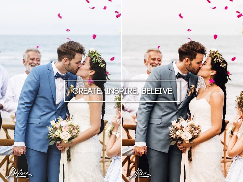 May include: A couple kisses during their wedding ceremony on a beach. The bride is wearing a white strapless wedding dress and a floral crown. The groom is wearing a blue suit and a bow tie. Rose petals are falling from the sky. The text "CREATE, INSPIRE, BELIEVE" is visible in the image.