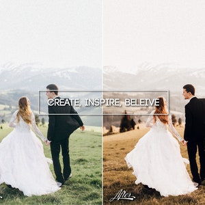 May include: A bride and groom walking away from the camera in a field with mountains in the background. The bride is wearing a white wedding dress and the groom is wearing a black suit. The text "CREATE, INSPIRE, BELIEVE" is superimposed on the image.
