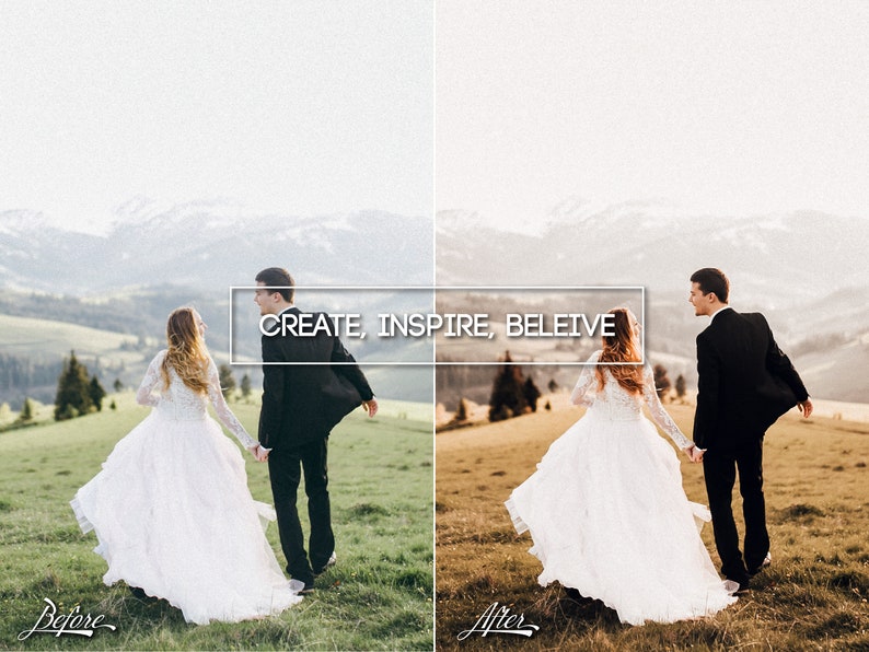 May include: A bride and groom walking away from the camera in a field with mountains in the background. The bride is wearing a white wedding dress and the groom is wearing a black suit. The text "CREATE, INSPIRE, BELIEVE" is superimposed on the image.