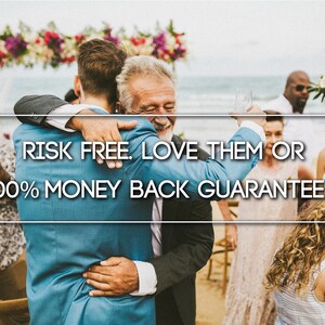 May include: A couple is getting married on a beach. The groom is hugging his father. The bride is wearing a white dress and a flower crown. The text "RISK FREE. LOVE THEM OR 100% MONEY BACK GUARANTEED" is displayed on the image.