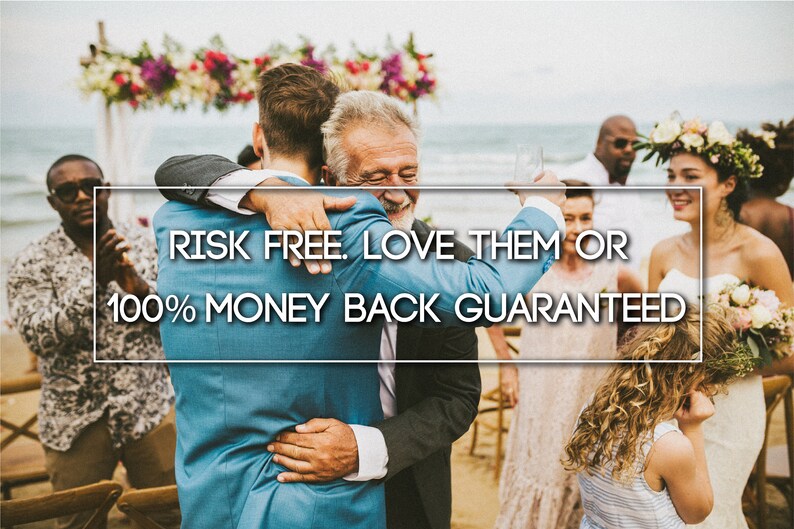 May include: A couple is getting married on a beach. The groom is hugging his father. The bride is wearing a white dress and a flower crown. The text "RISK FREE. LOVE THEM OR 100% MONEY BACK GUARANTEED" is displayed on the image.